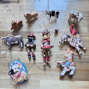Lot of 11 VTG‎ Western Cowboy Rodeo Christmas Ornaments – Bulls, Cows, Riders